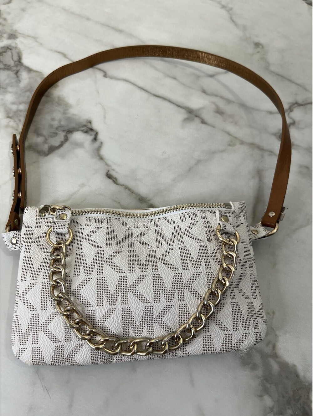 MICHAEL KORS Logo Chain Faux-Leather Belt Bag Fanny Pack Beige Brown 7.5”x5”